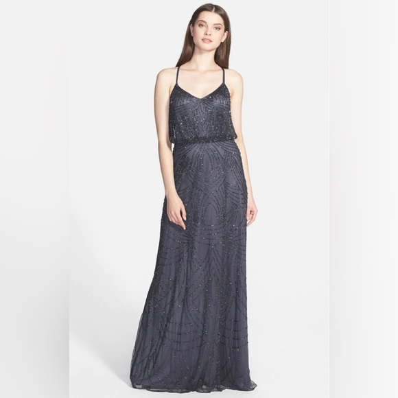 ADRIANNA PAPELL BEADED CHIFFON BLOUSON GOWN - GUNMETAL - Size 0 - Picture 7 of 10